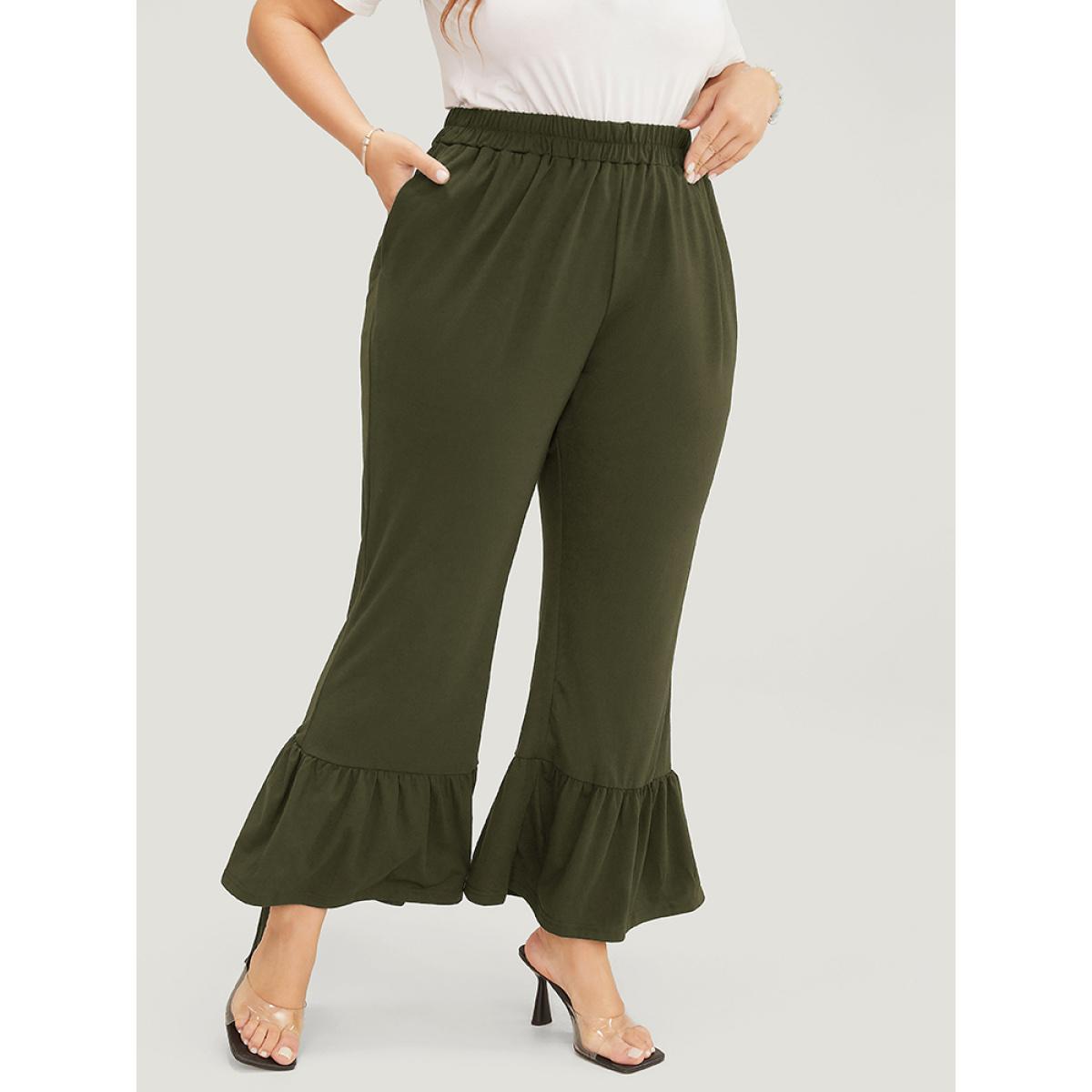 Plus Size Solid Pocket Elastic Waist Flare Leg Pants Women ArmyGreen Casual Mid Rise Dailywear Pants BloomChic 26/4X Product Image