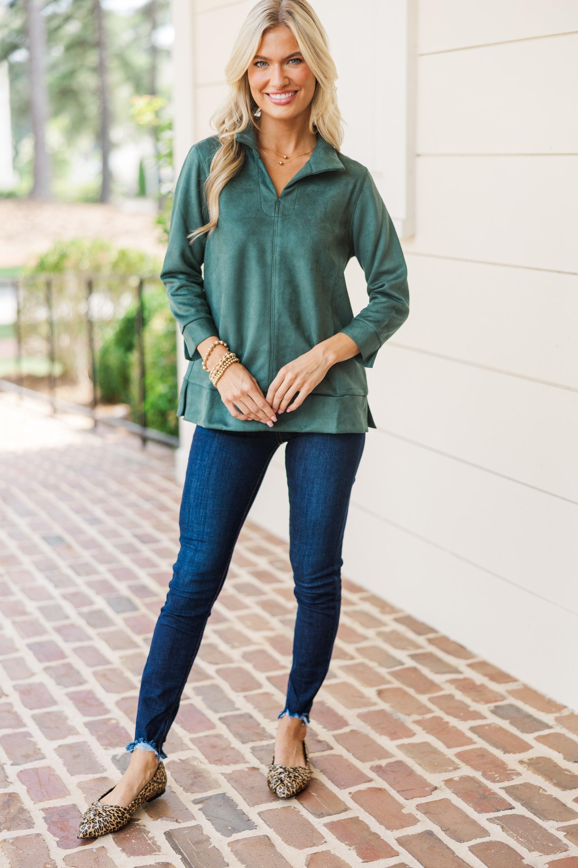 Never Forget Emerald Green Faux Suede Blouse Female Product Image