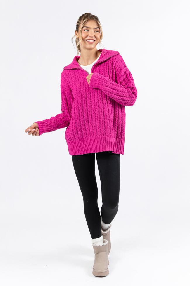 Forever Yours Magenta Cable Knit Chenille Quarter Zip Sweater Product Image