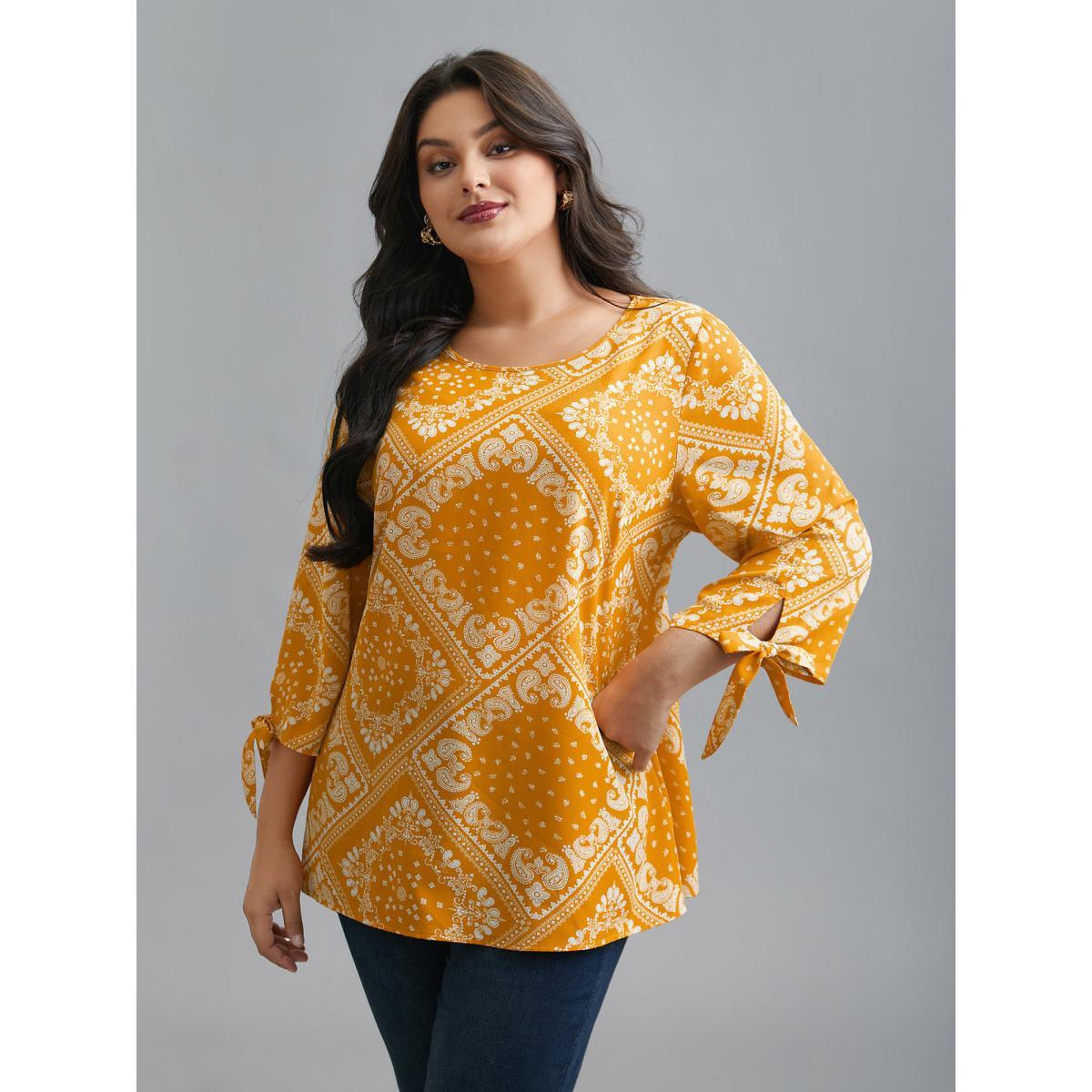 Plus Size Turmeric Round Neck Bandana Print Sleeve Tie Blouse Women Elegant Elbow-length sleeve Round Neck Everyday Blouses BloomChic 12/L Product Image
