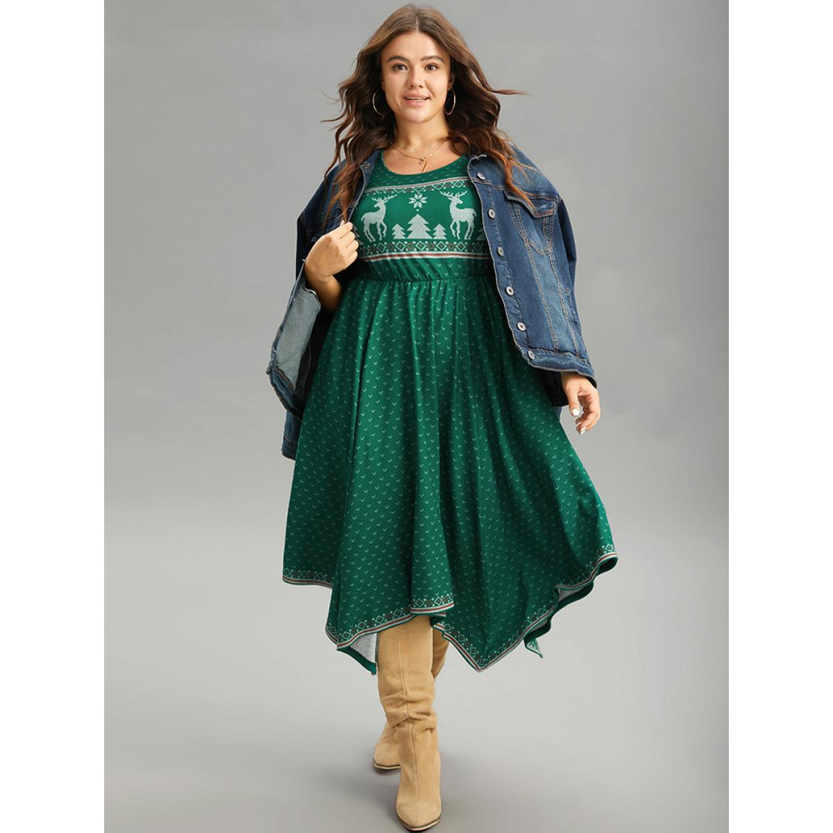 Plus Size Christmas Elk Elastic Waist Hanky Hem Dress Cyan Women Casual Printed Round Neck Half Sleeve Curvy Midi Dress BloomChic 12/L Product Image