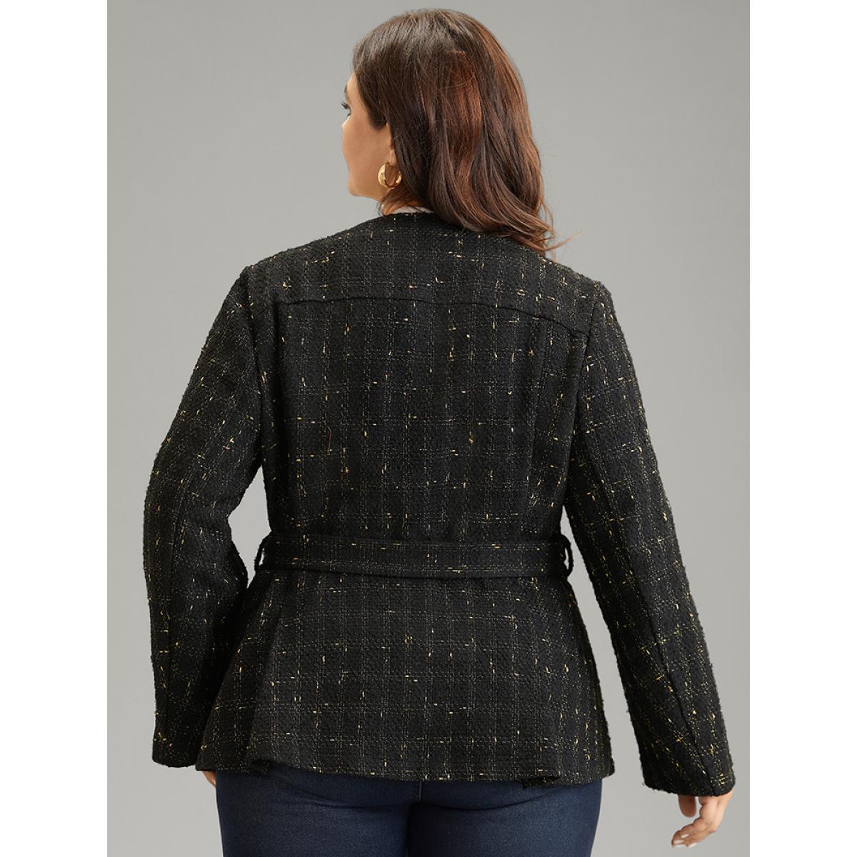Plus Size Tweed Metal Detail Belted V Neck Blazer Black Women Dailywear Plain Sleeve Long Sleeve V-neck 14-16/1X Pocket Belt Elegant Blazers BloomChic Product Image