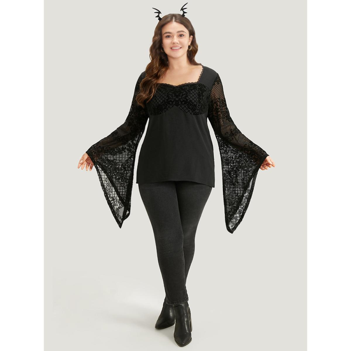 Plus Size Black Halloween Floral Eyelet Lace Mesh Bell Sleeve Blouse Women Elegant Long Sleeve Square Neck Festival-Halloween Blouses BloomChic 12/L Product Image
