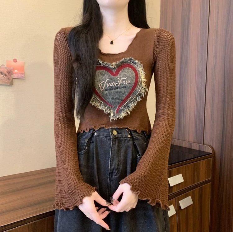 Long-Sleeve Scoop Neck Heart Denim Patchwork Lettuce Edge Crop Knit Top Product Image