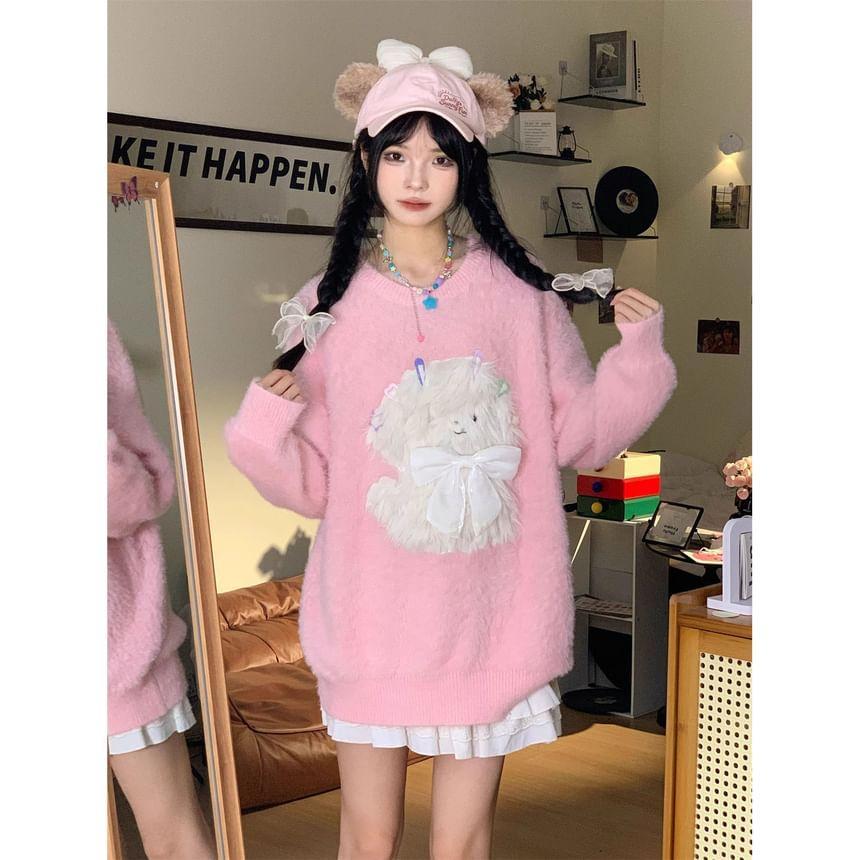 Long-Sleeve Crew Neck Dog Embroidered Sweater Product Image
