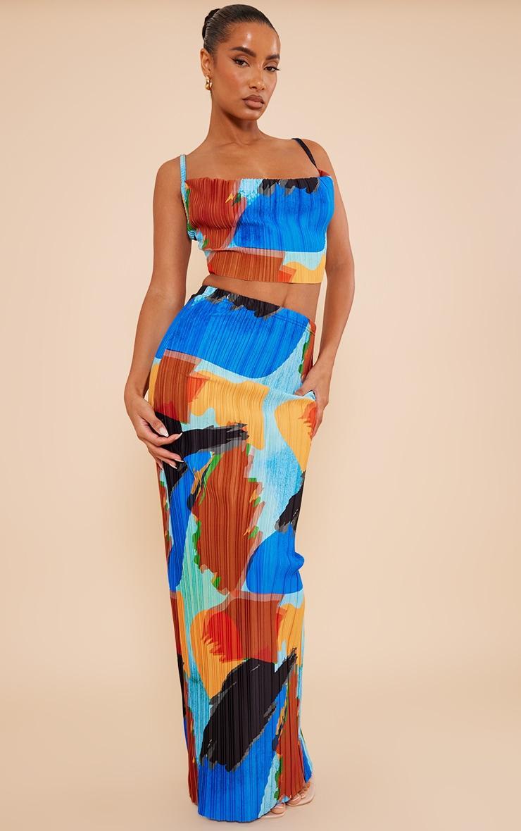 Blue Abstract Print Plisse Strappy Cowl Neck Top Product Image