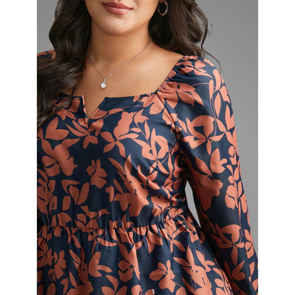Plus Size Indigo Notched Silhouette Floral Print Lantern Sleeve Blouse Women Elegant Long Sleeve Notched collar Everyday Blouses BloomChic 12/L Product Image