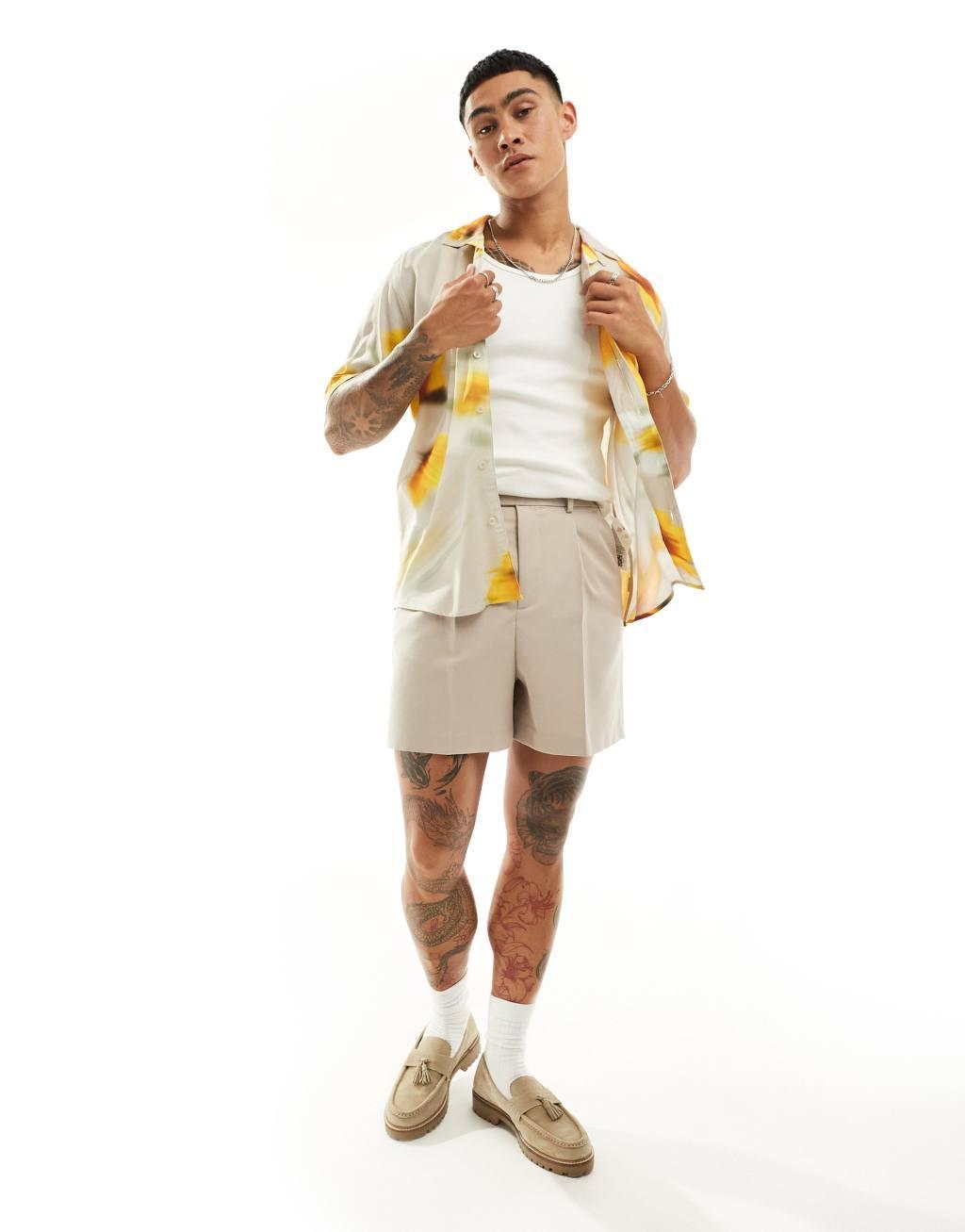 ONLY & SONS revere collar viscose shirt with blurred floral print in beige Product Image