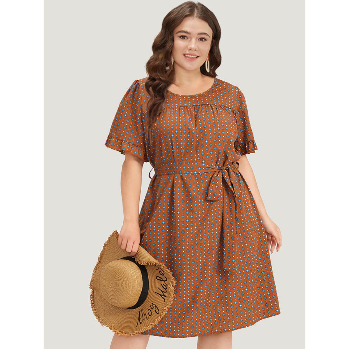 Plus Size Bandana Print Flutter Trim Pocket Belted Dress Chocolate Women Vacation Belted Round Neck Short sleeve Curvy Midi Dress BloomChic 14-16/1X Product Image
