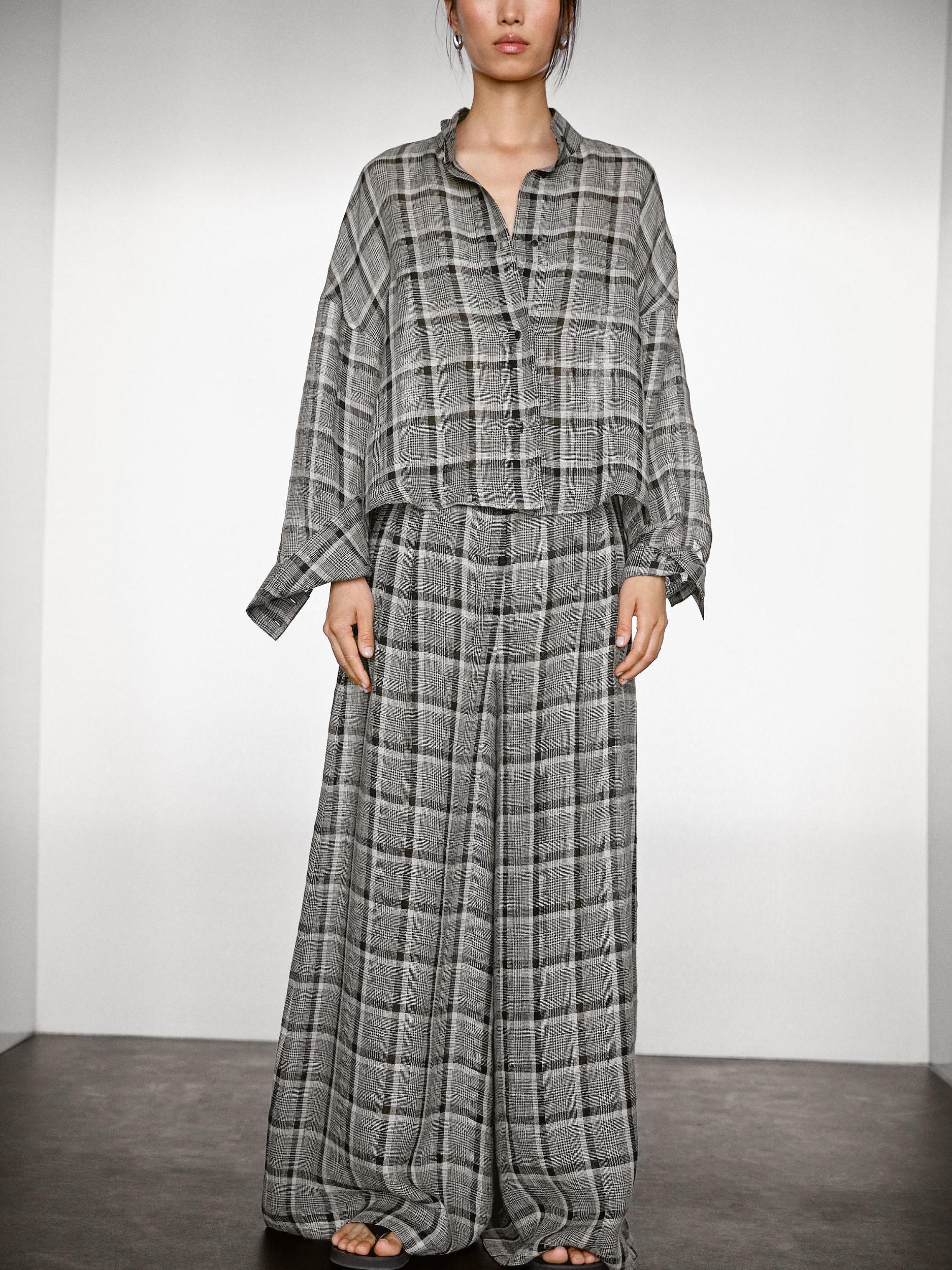 100% linen check palazzo trousers Product Image