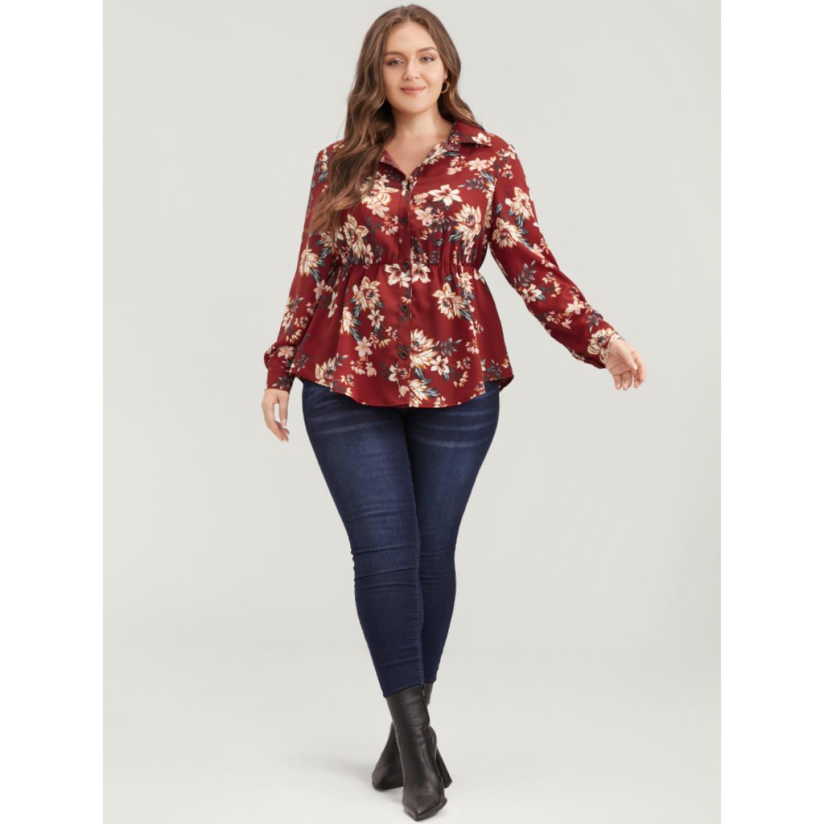 Plus Size Scarlet Floral Print Shirt Collar Button Up Blouse Women Elegant Long Sleeve Shirt collar Dailywear Blouses BloomChic 28/5X Product Image