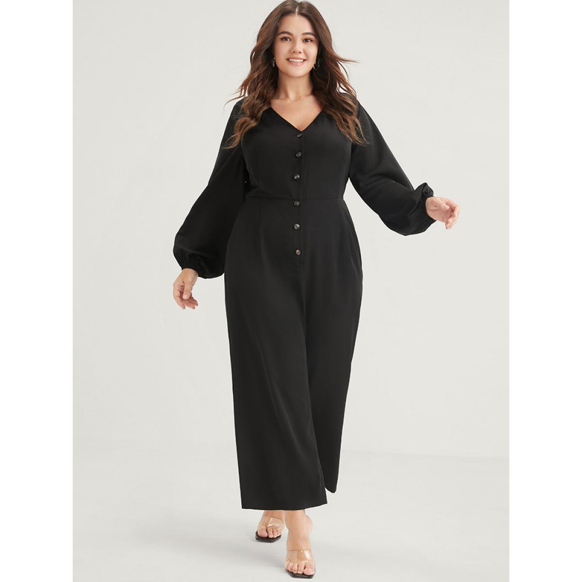 Plus Size Black Solid Button Front Lantern Sleeve Pocket Wide Leg Jumpsuit Women Office Long Sleeve V-neck Work Loose Jumpsuits BloomChic 30/6X Product Image