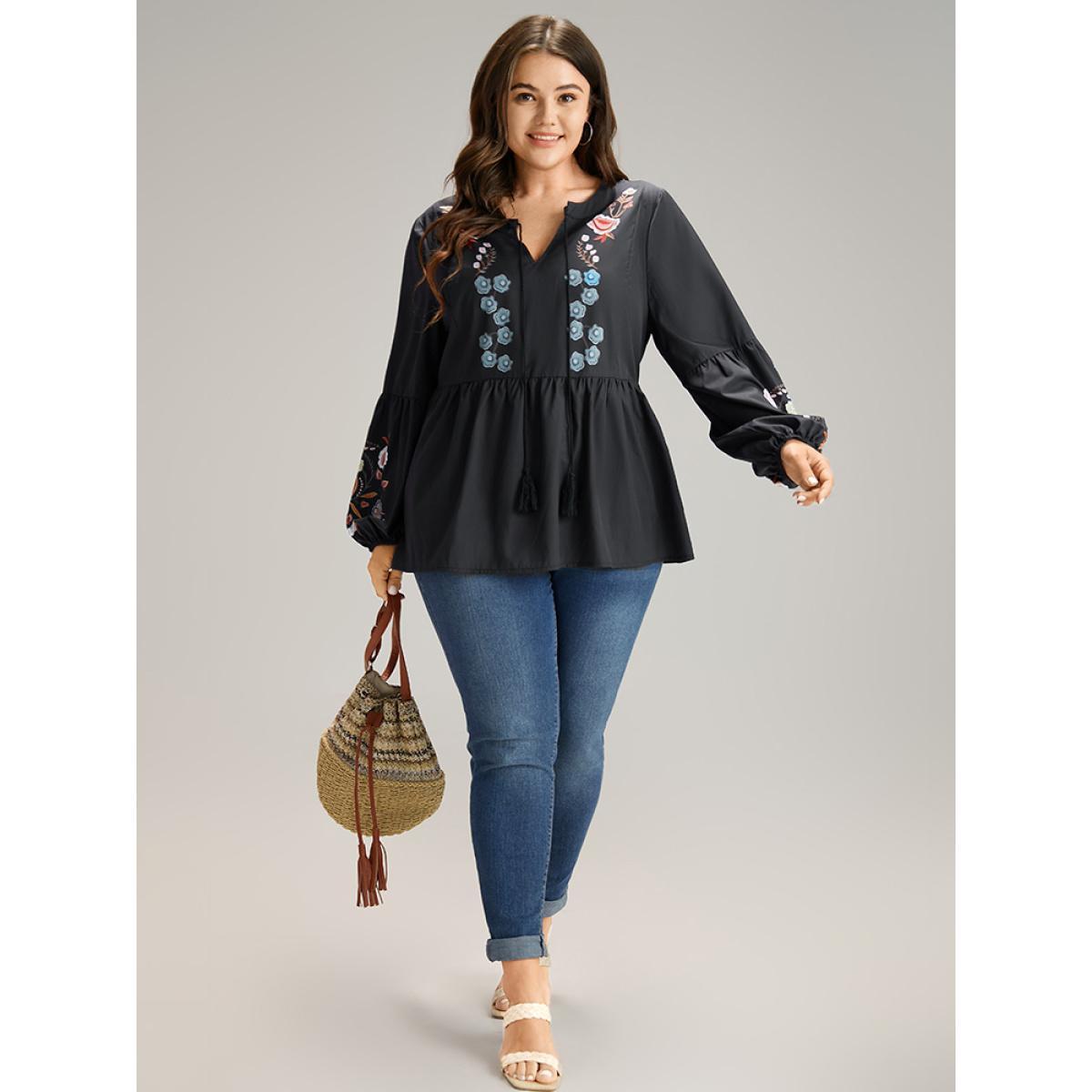 Plus Size Black Floral Print Tassels Knot Neck Lantern Sleeve Blouse Women Resort Long Sleeve Tie Neck Vacation Blouses BloomChic 30/6X Product Image
