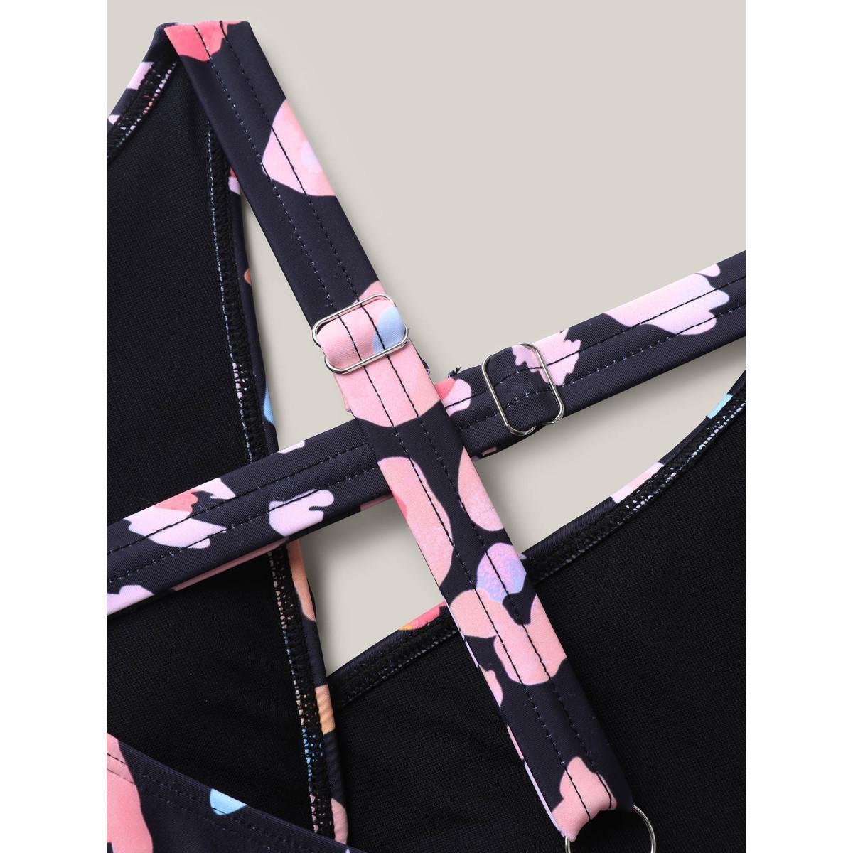 Plus Size Pattern Print Cross-Straps Swim Top Women's Swimwear Black Beach High stretch Skinny Overlap Collar Curve Swim Tops BloomChic 18-20/2X Product Image