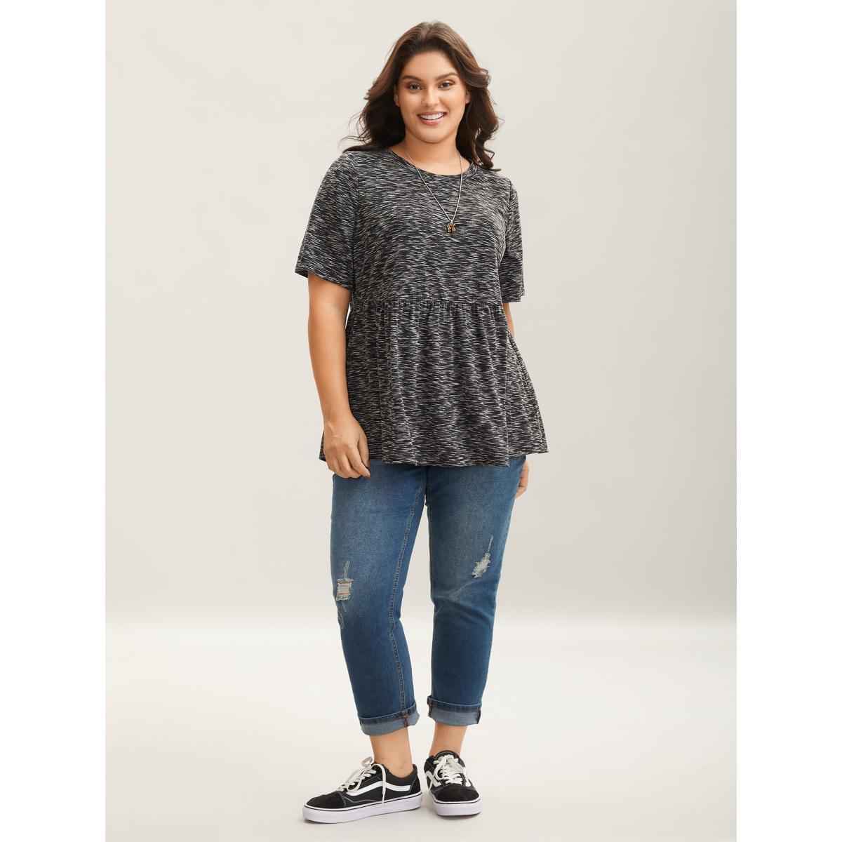 Plus Size Heathered Crew Neck Relaxed T-Shirt Black Women Casual Gathered Round Neck Everyday T-shirts BloomChic 26/4X Product Image