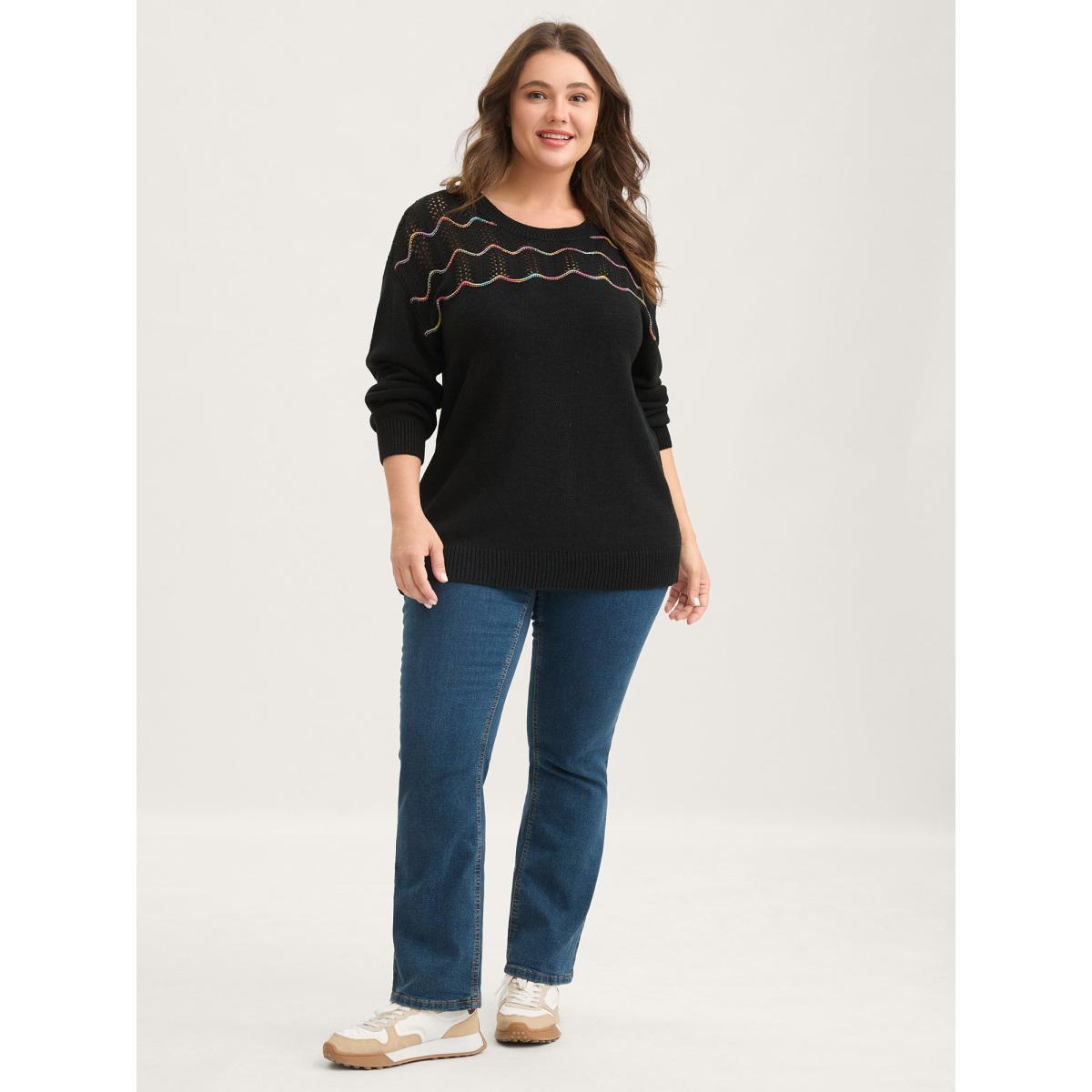 Plus Size Ripple Textured Sheer Neck Backless Pullover Black Women Loose Long Sleeve Round Neck Everyday-Casual Pullovers BloomChic 18-20/2X Product Image