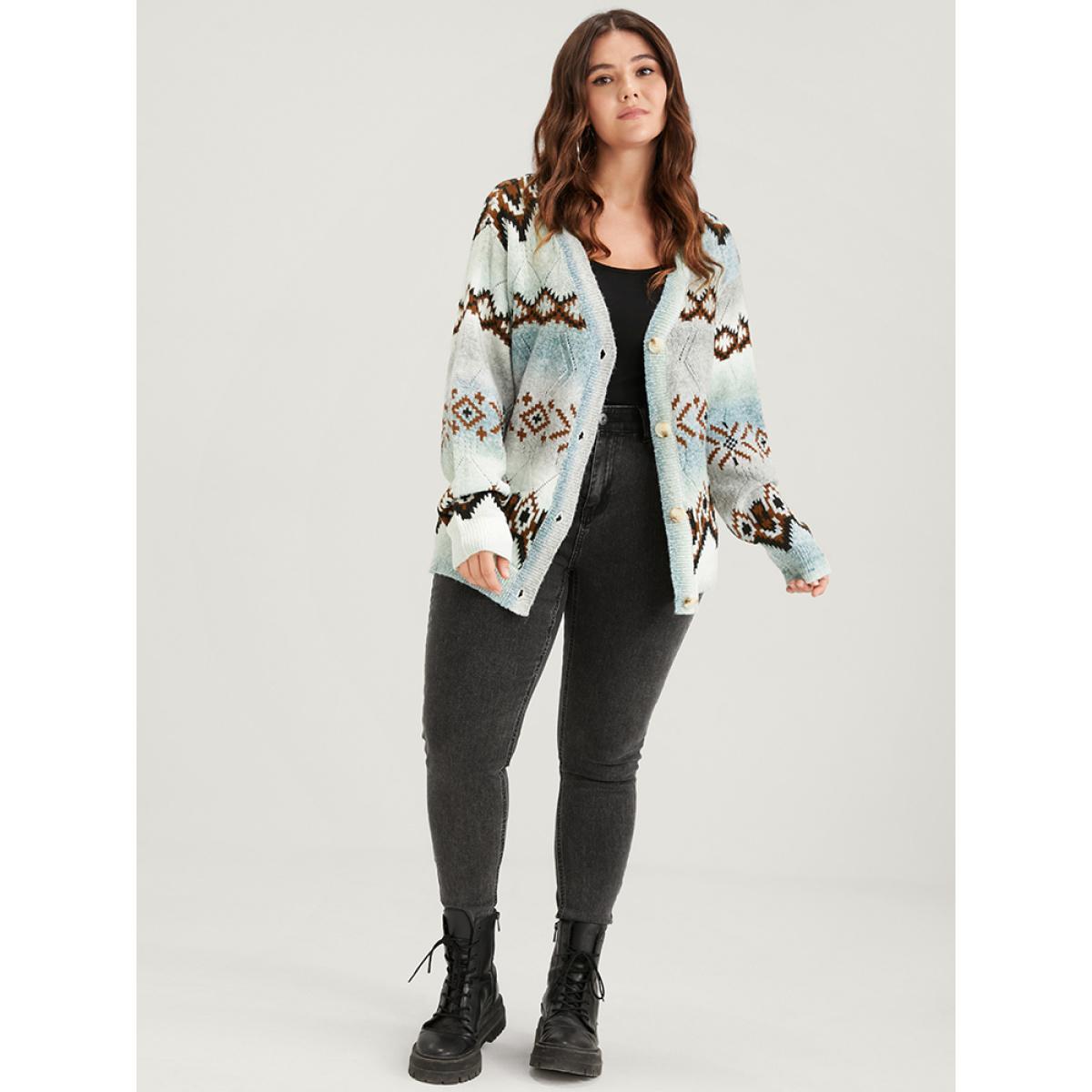 Plus Size Geometric Print Super Soft Plush Knit Button Front Cardigan Multicolor Women Casual Loose Long Sleeve Dailywear Cardigans BloomChic 18-20/2X Product Image