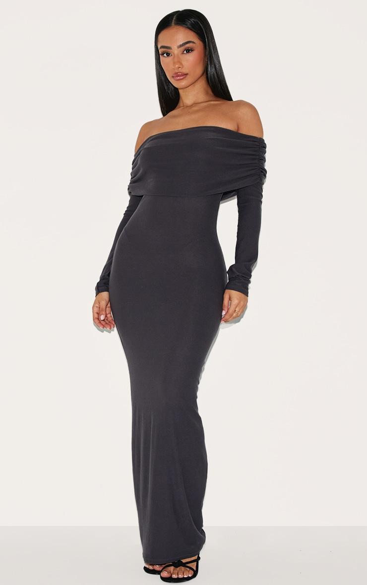 Petite Charcoal Soft Touch Bardot Long Sleeve Maxi Dress Product Image
