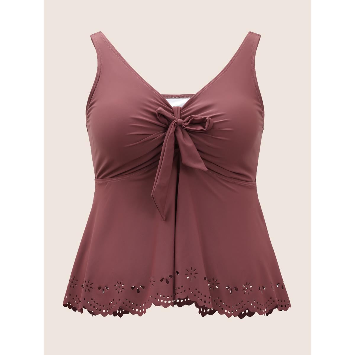 Plus Size Bowknot Front Laser Cut Scalloped Trim Swim Top Women's Swimwear Russet Beach Lined High stretch Bodycon V-neck Curve Swim Tops BloomChic 26/4X Product Image