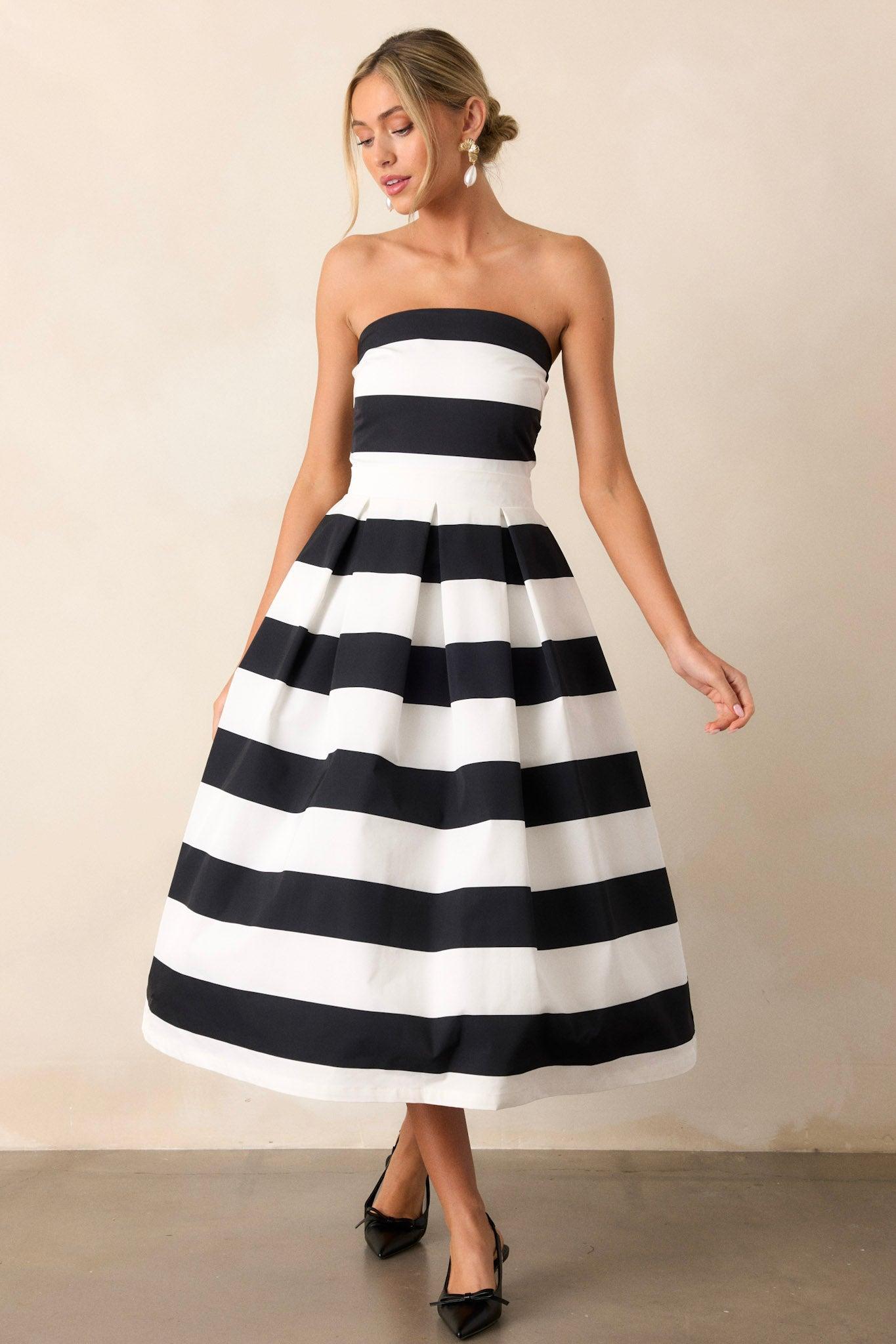 Crisp Contrast Black & White Stripe Strapless Midi Dress Product Image