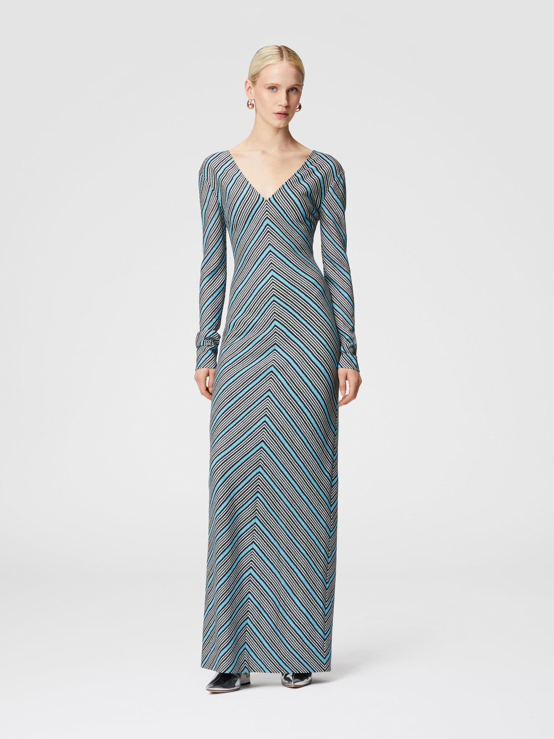 Long striped dress with plunging V-neckline Product Image