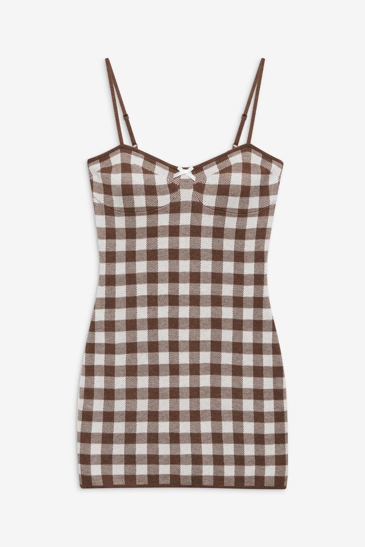Gingham Knit Mini Dress — Neutral Product Image