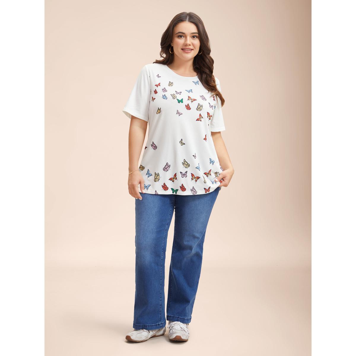 Plus Size Butterfly Print Stretchy T-Shirt Opticwhite Women Casual Non Butterfly Round Neck Everyday T-shirts BloomChic 28/5X Product Image