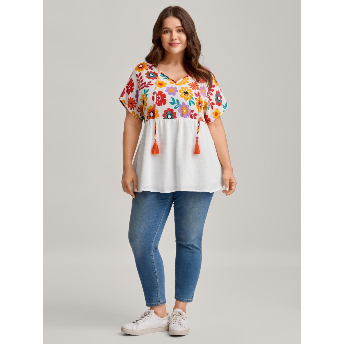 Plus Size WhiteSmoke Floral Print Neck-Tie Babydoll Top Women Resort Short sleeve Non Vacation Blouses BloomChic 10/M Product Image