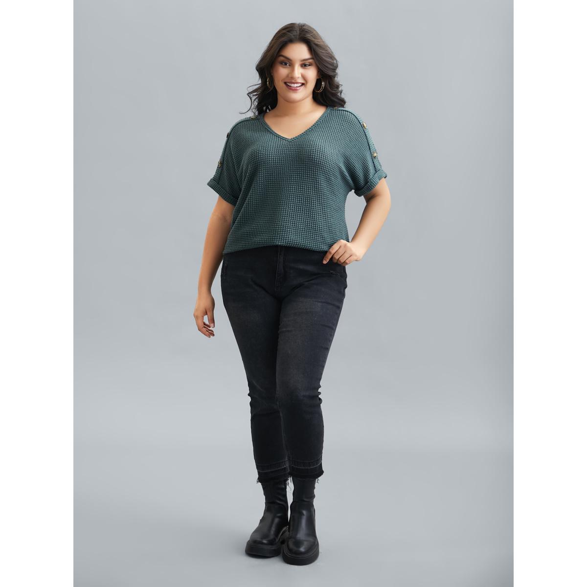 Plus Size Stretchy Buttons Fitted Waffle Knit T-Shirt Teal Women Casual Texture V-neck Everyday T-shirts BloomChic 12/L Product Image