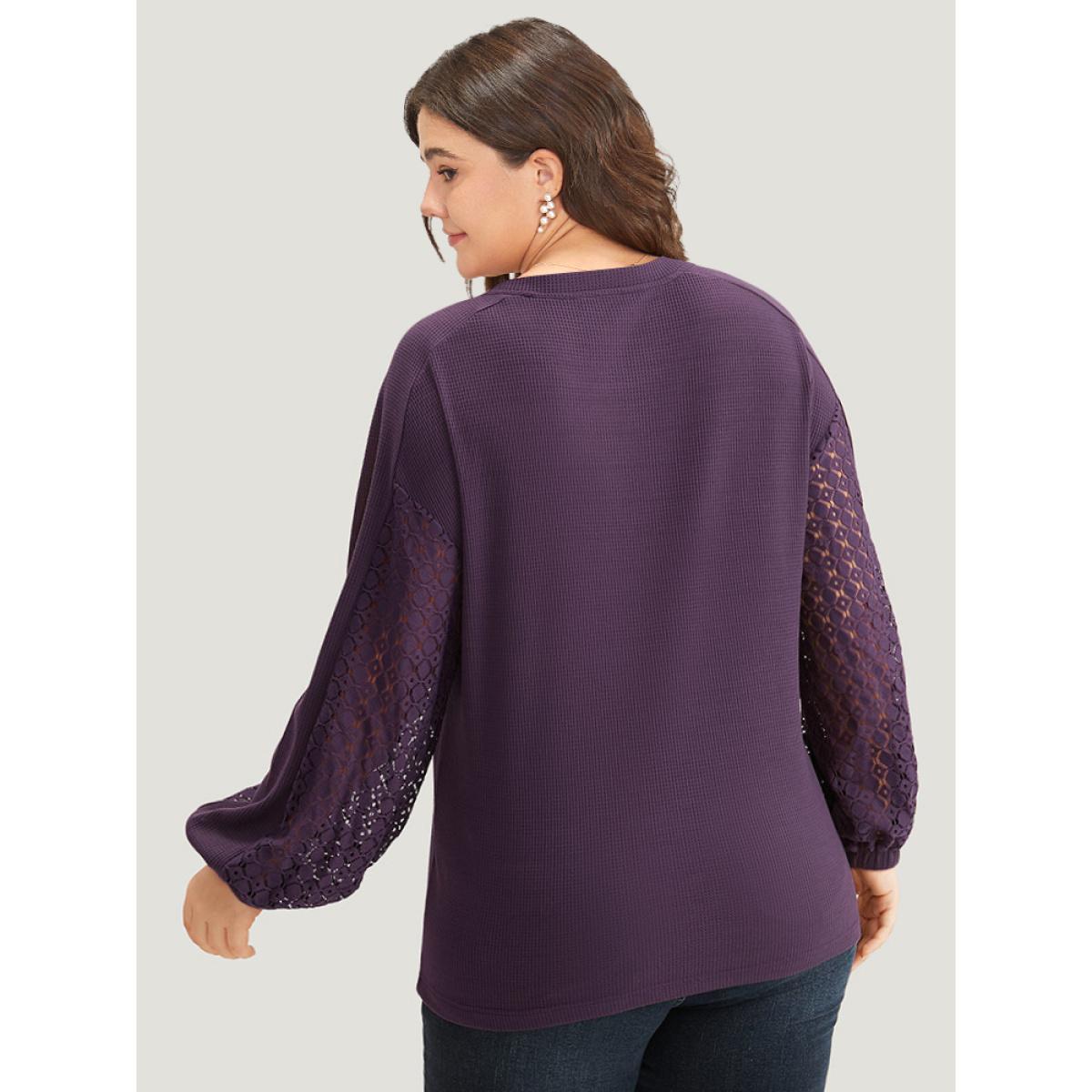 Plus Size Waffle Knit Lace Panel Drop Shoulder Sweatshirt Women Eggplant Elegant Elastic cuffs Round Neck Dailywear Sweatshirts BloomChic 14-16/1X Product Image