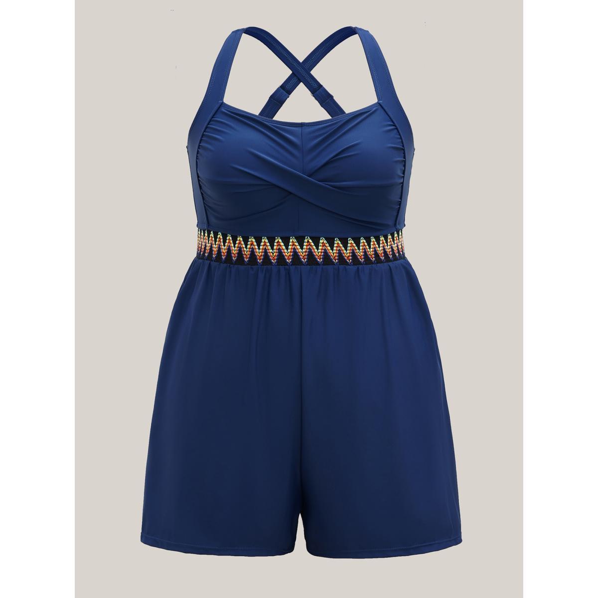 Plus Size Twist-Front Contrast Webbed One-Piece Swimsuit Women's Swimwear Indigo Beach Woven ribbon&lace trim Curve Bathing Suits High stretch One Pieces BloomChic 30/6X Product Image