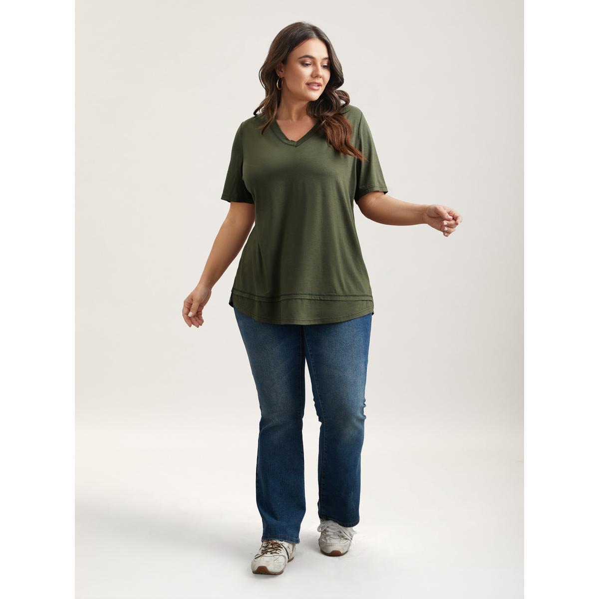 Plus Size V-Neck Half-Sleeve T-Shirt ArmyGreen Women Casual Topstitching V-neck Everyday T-shirts BloomChic 28/5X Product Image