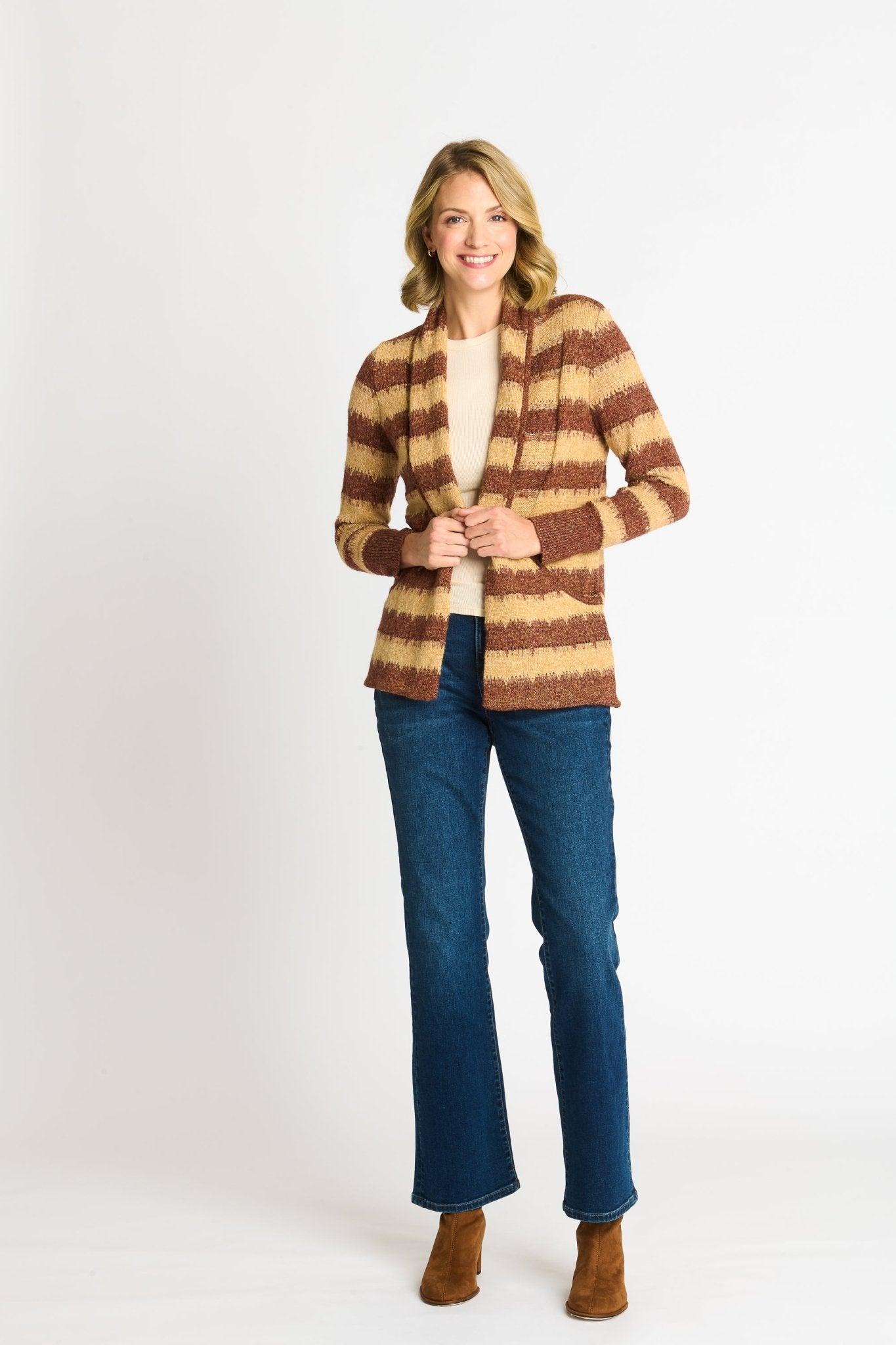 Wave Stripe J-Pocket Cardigan Sweater, Caramel Heather Product Image