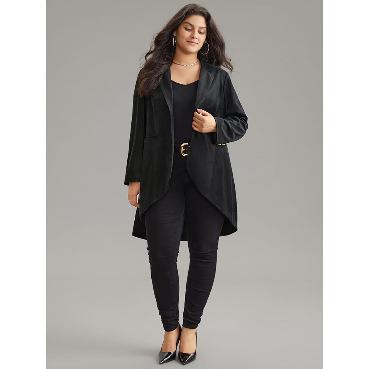Plus Size Plain Velvet Metal Detail High Low Hem Coat Women Black At the Office Lined Ladies Work Winter Coats BloomChic 14-16/1X Product Image
