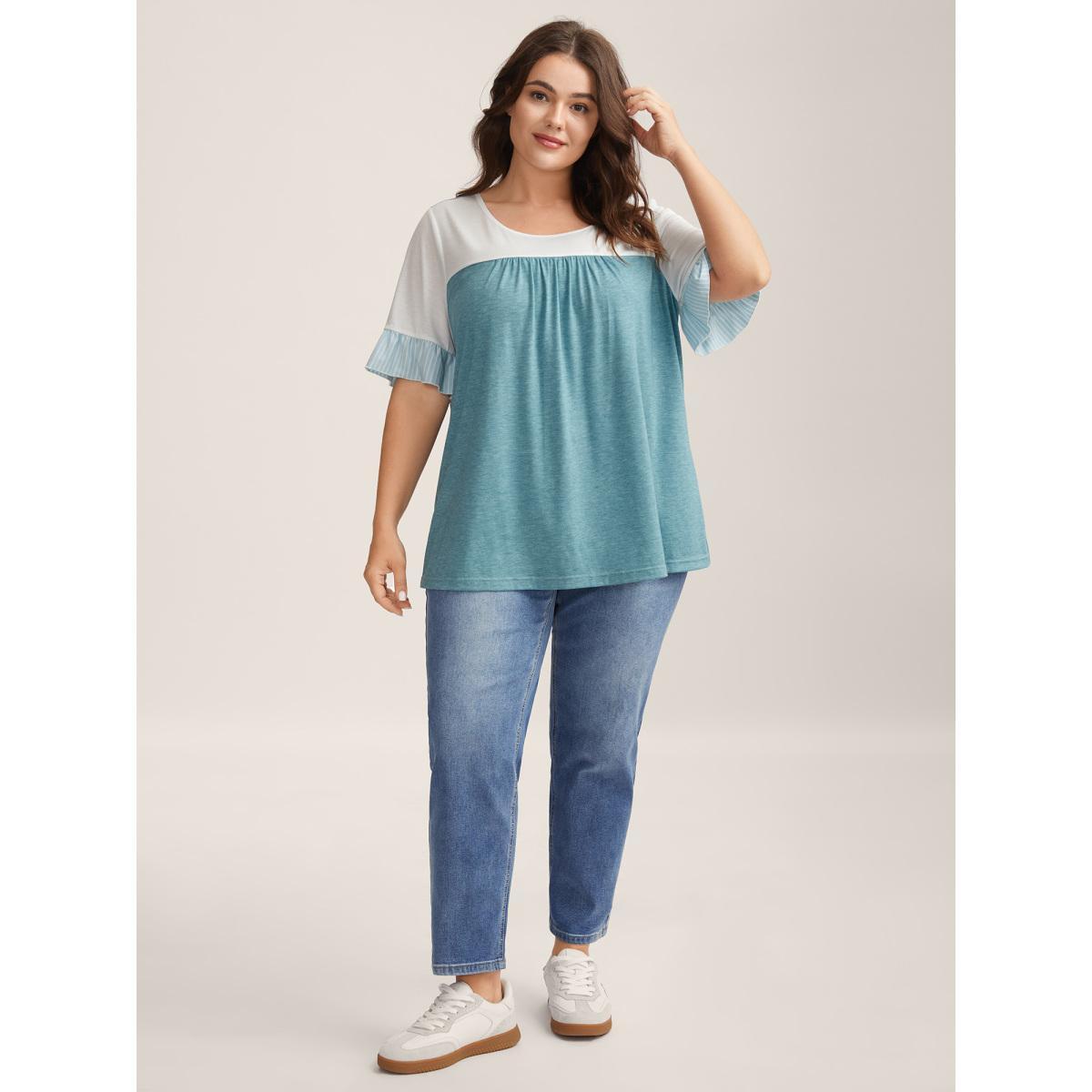 Plus Size Color Contrast Lotus Leaf Sleeve T-Shirt Cerulean Women Gathered Round Neck Everyday-Casual T-shirts BloomChic 10/M Product Image