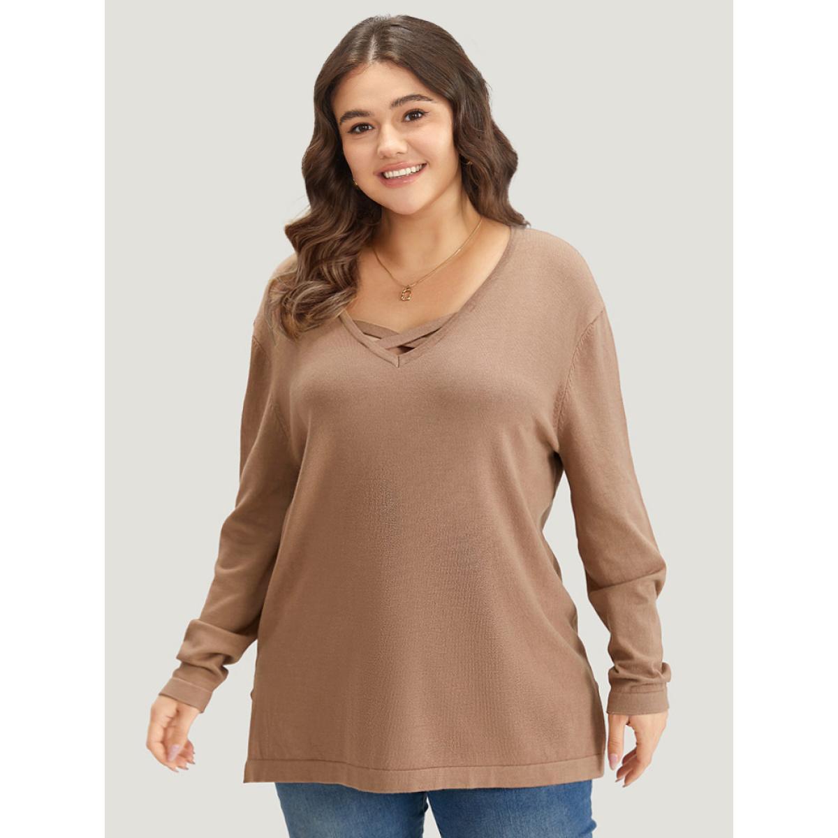 Plus Size Supersoft Essentials Crisscross Neck Split Side Pullover Tan Women Casual Loose Long Sleeve V-neck Dailywear Pullovers BloomChic 12/L Product Image