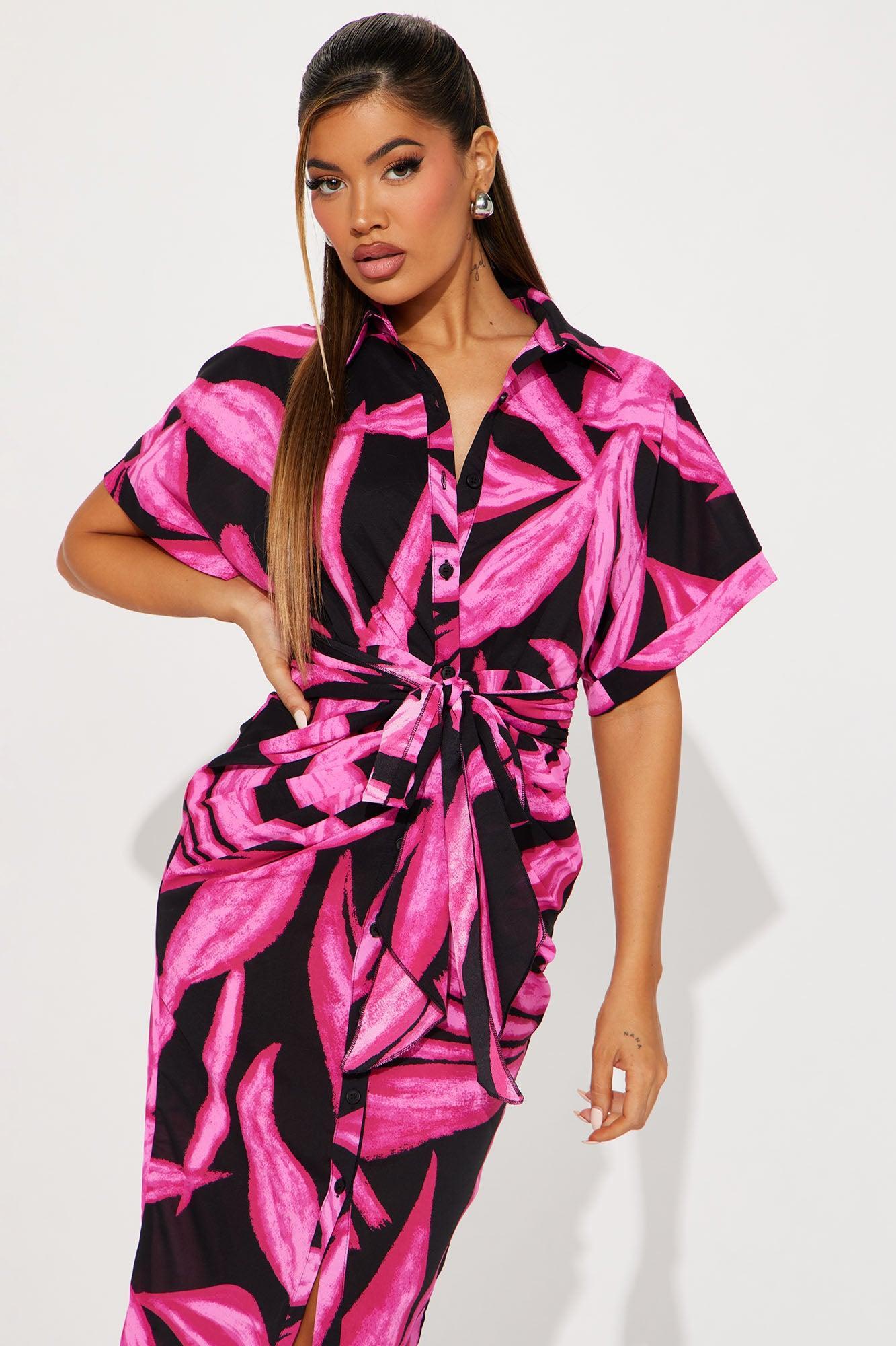 Paradise Tropical Midi Dress - Fuchsia/combo Product Image