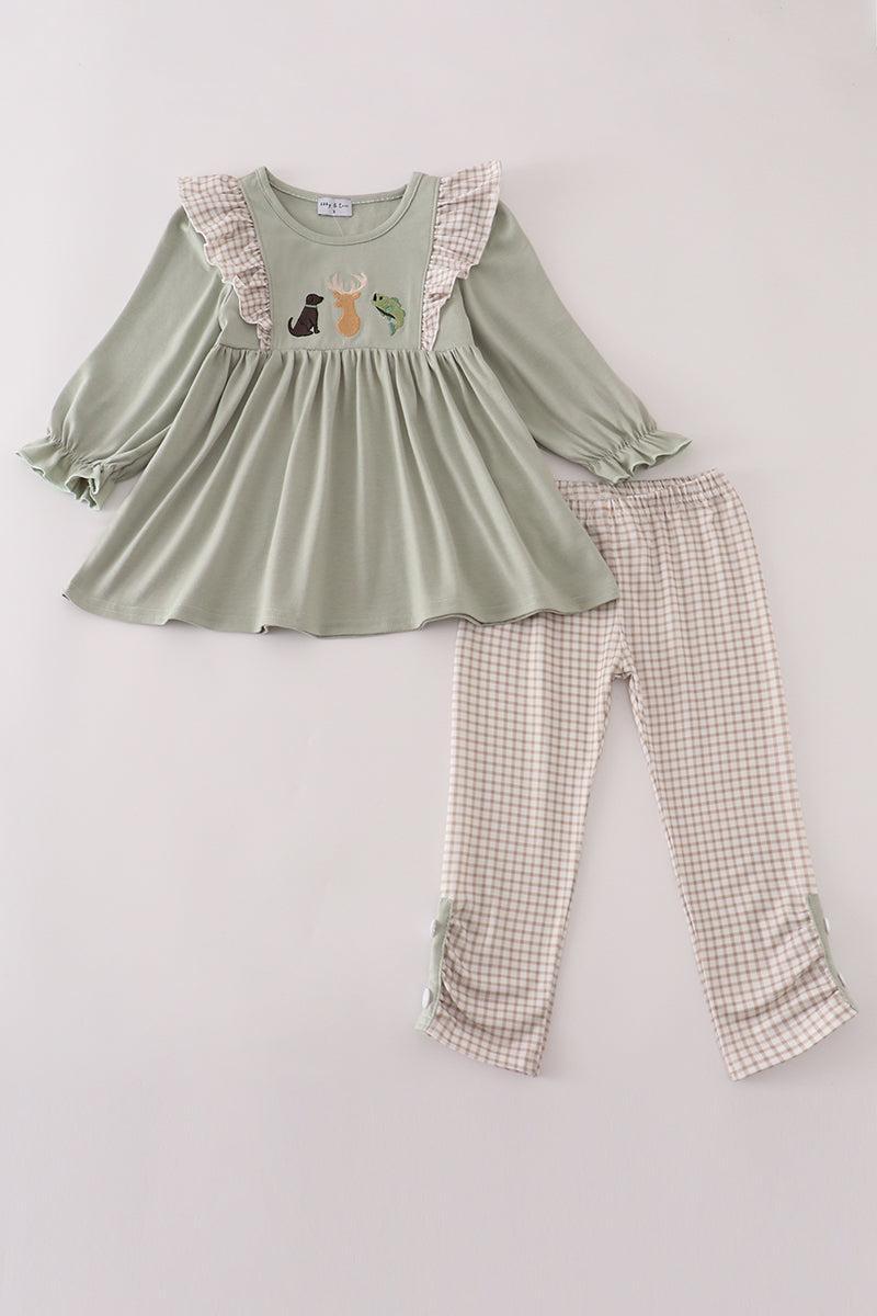 Blue dog deer embroidery ruffle pants set Product Image