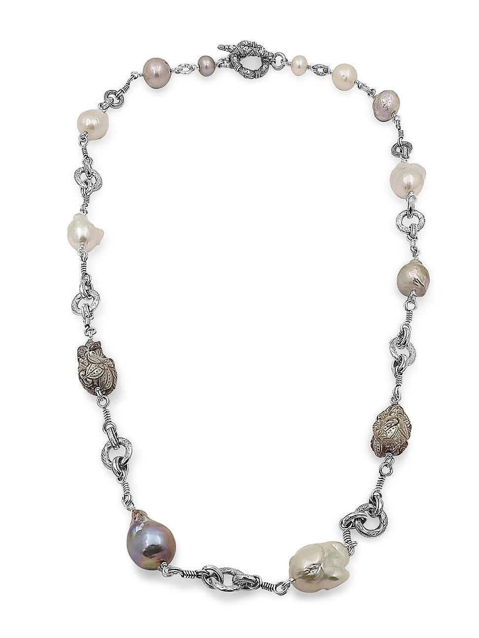 Hand-Carved Baroque Multihued Pearl Necklace in Sterling Silver Product Image