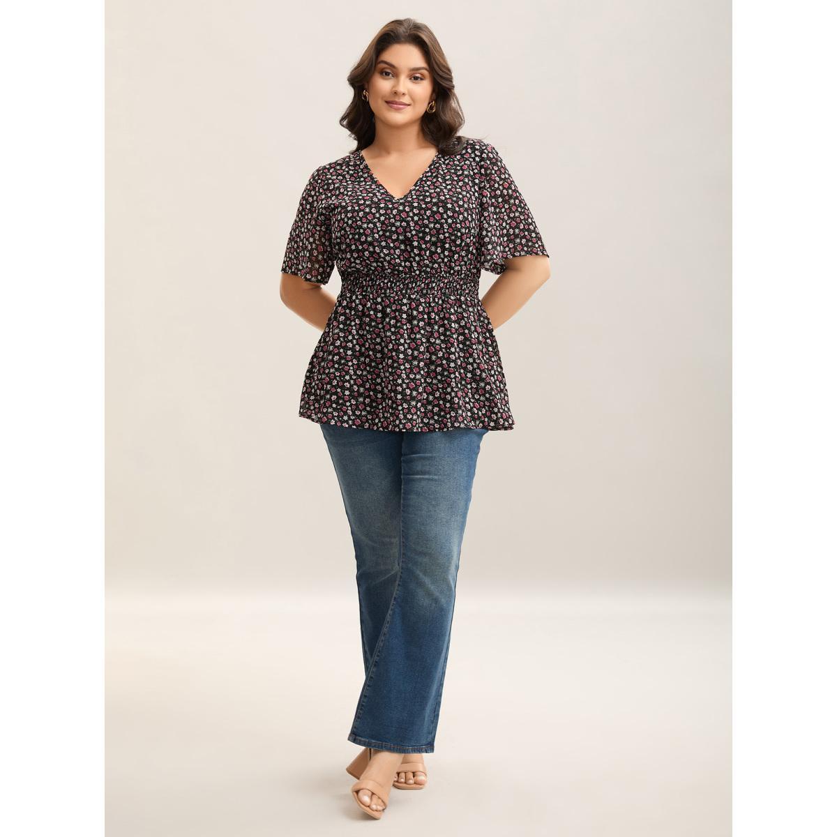 Plus Size Black Floral Print Shirred Waist Cinched Shirt Women Elegant Half Sleeve V-neck Everyday Blouses BloomChic 12/L Product Image