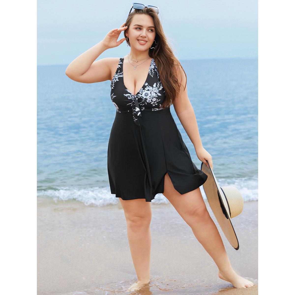 Plus Size Floral Patchwork Knotted Front Split Swim Dress Women's Swimwear Black Vacation Bodycon V-neck High stretch Curve Swim Dresses BloomChic 12/L Product Image