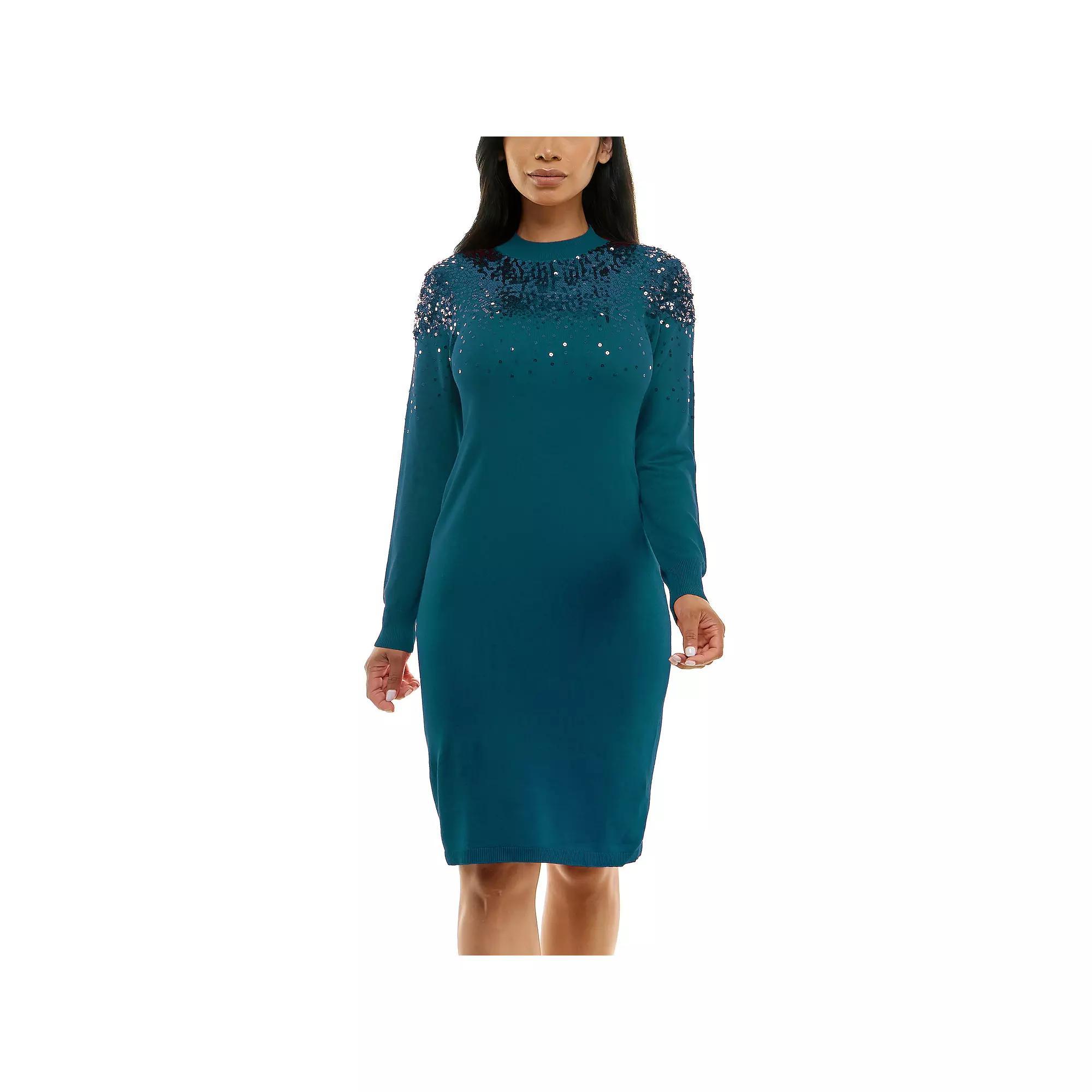 Women's Nina Leonard Sequins Sweater Dress, Size: XL, Deep Blue Product Image