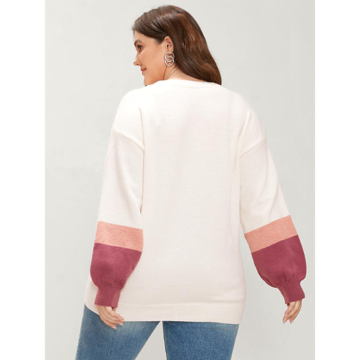 Plus Size Colorblock Contrast Soft Pointelle Knit Lantern Sleeve Knit Top Ivory Women Casual Loose Long Sleeve Round Neck Dailywear Pullovers BloomChic 10/M Product Image