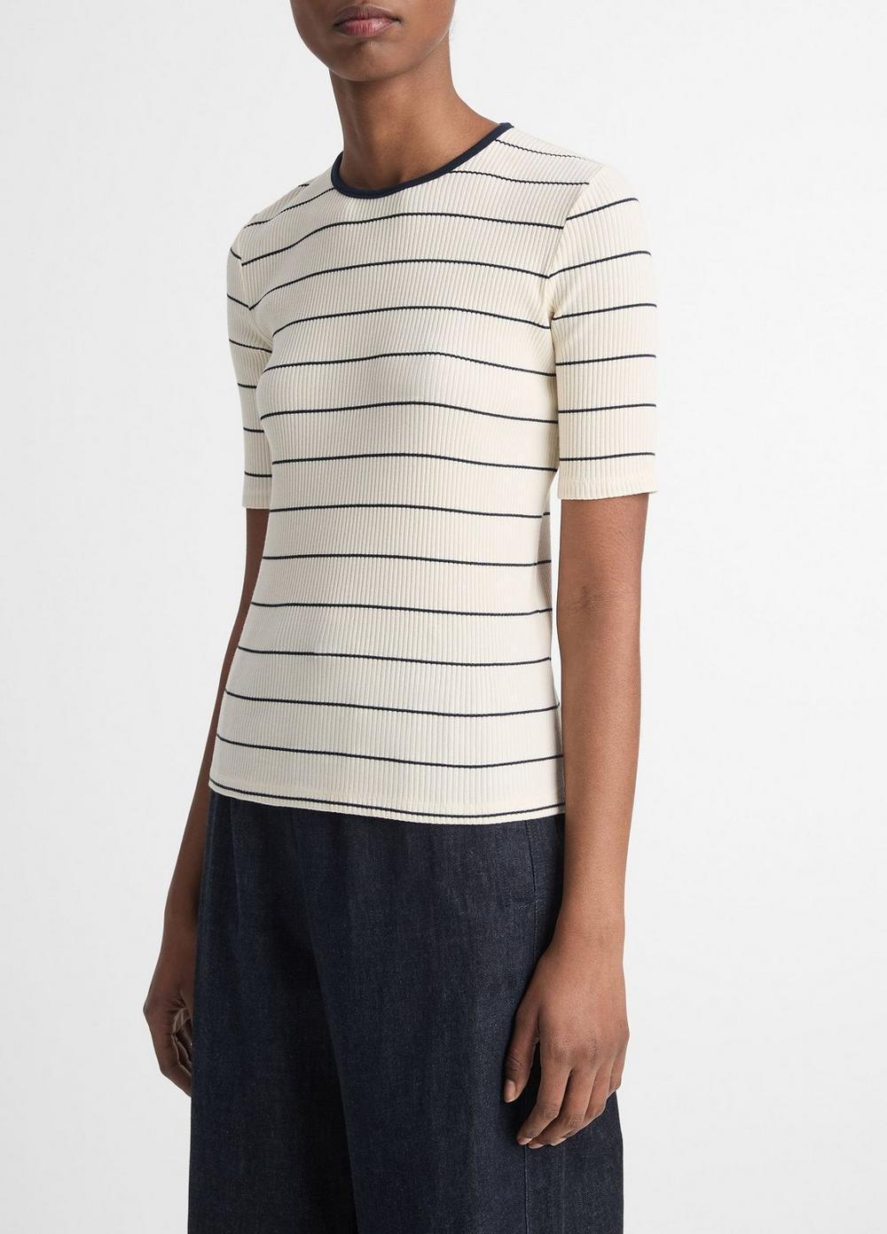 Womens Striped Ribbed Stretch-cotton Elbow-Sleeve T-Shirt, Flaxen/deep Lake, Size L Vince Product Image
