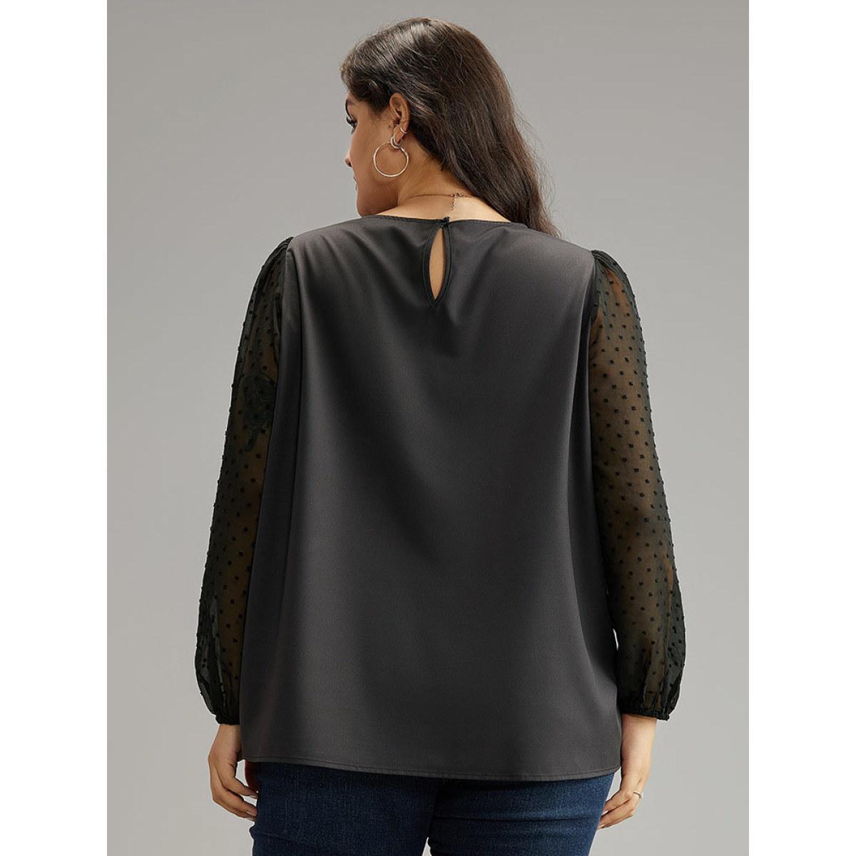 Plus Size Black Boho Print Patchwork Mesh Lantern Sleeve Blouse Women Elegant Long Sleeve Round Neck Dailywear Blouses BloomChic 12/L Product Image