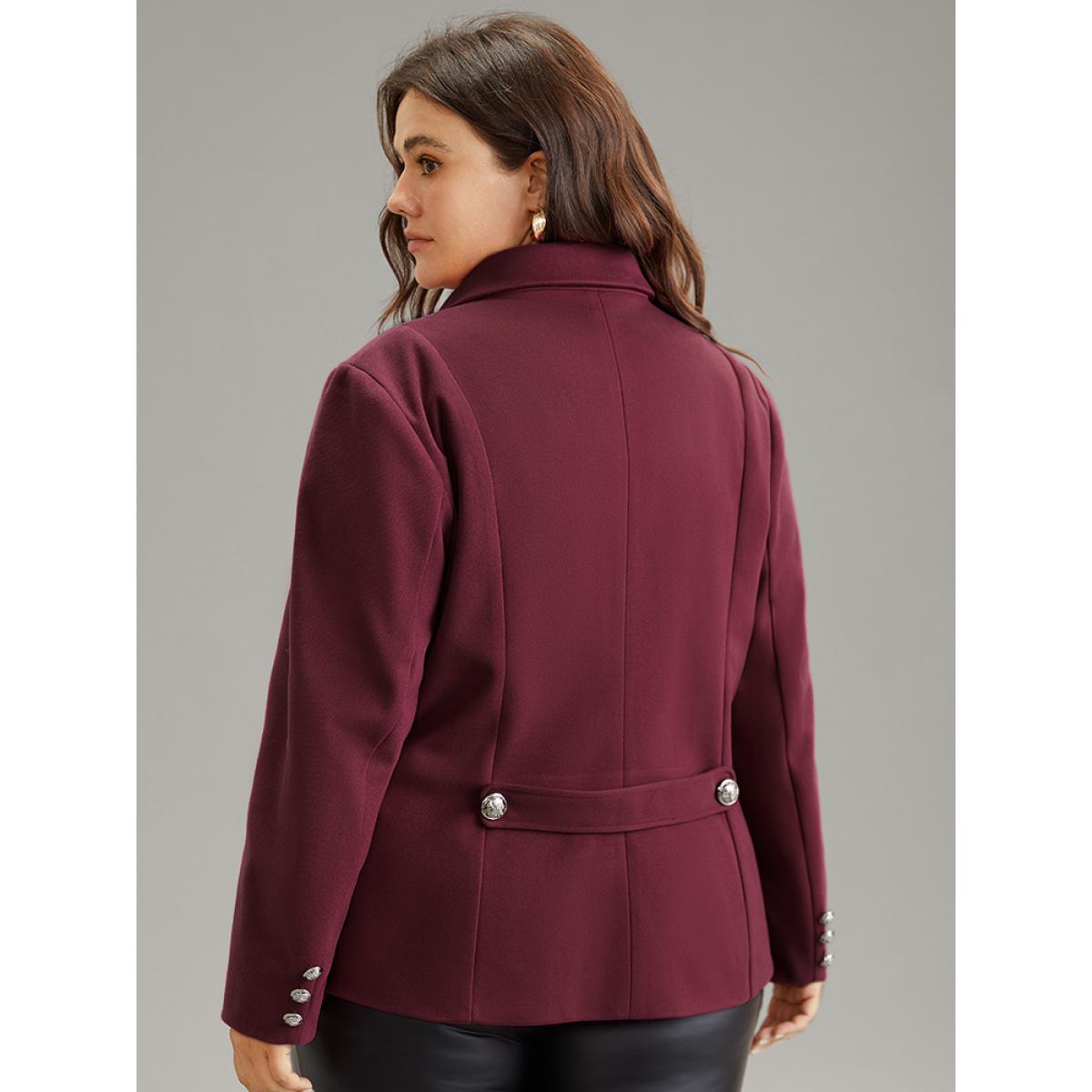 Plus Size Solid Button Fly Pocket Suit Collar Blazer Burgundy Women Work Plain Button Sleeve Long Sleeve Suit Collar 22-24/3X Pocket Elegant Blazers BloomChic Product Image