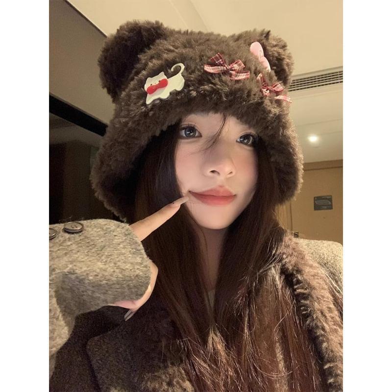 Bow Accent Bear Ear Furry Beanie Product Image