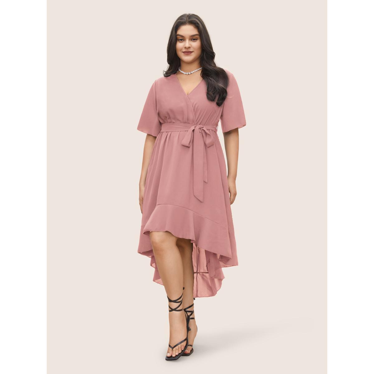 Plus Size Bloom Dress - Solid Tie Surplice Ruffle High Low Dress Lightpink Women Elegant Cross straps V-neck Short sleeve Curvy Midi Dress BloomChic 10/M Product Image