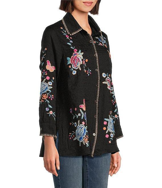 Calessa Floral Embroidered Textured Crinkle Point Collar Long Sleeve Button-Front Shirt Product Image
