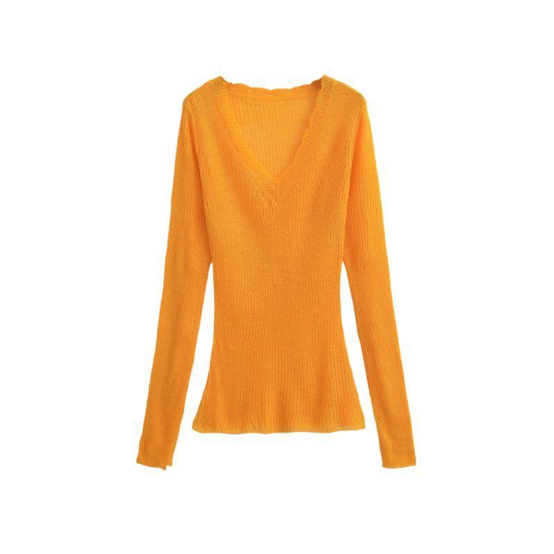 Long-Sleeve V-Neck Plain Sheer Knit Top Product Image